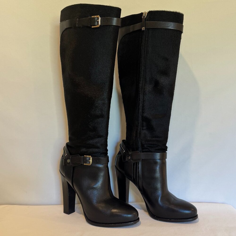 RALPH LAUREN BLACK LEATHER & PONY STACKED HEEL BOOT SIZE: 8-1/2B